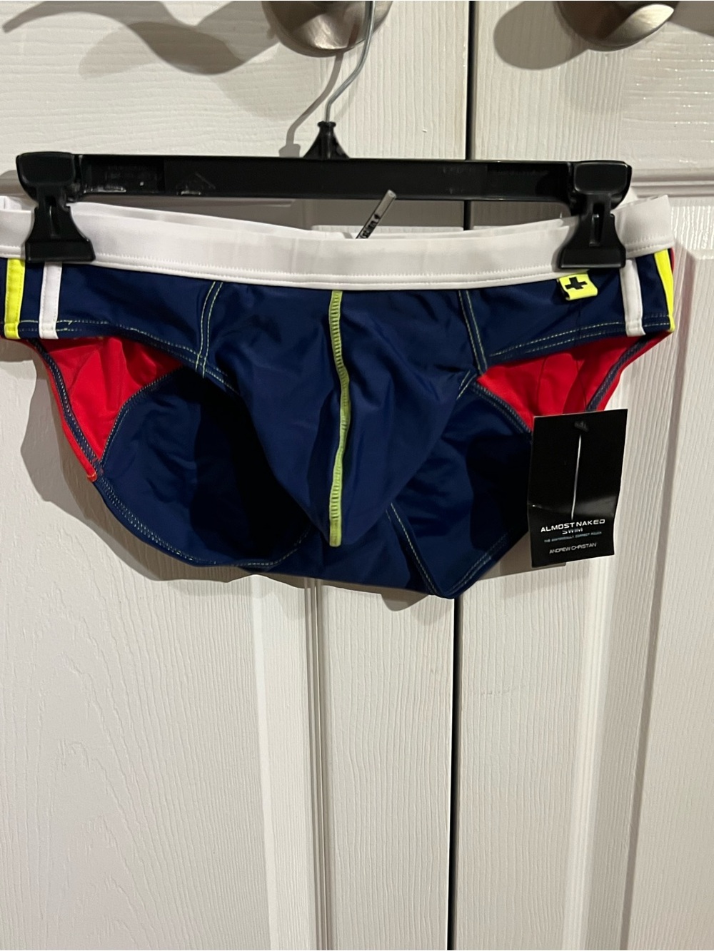 Andrew Christian Navy Blue Swim Trunks with Red and Neon Yellow Accents
